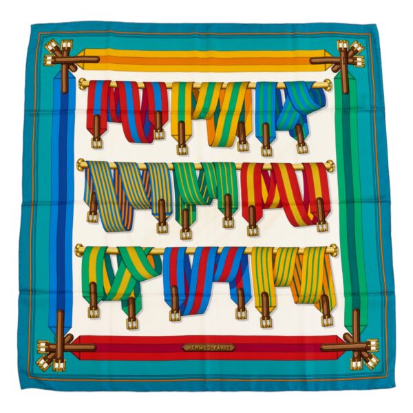 Hermes Silk Scarf Carre 90 "Les Sangles" Blue Silk Pleats Scarf
