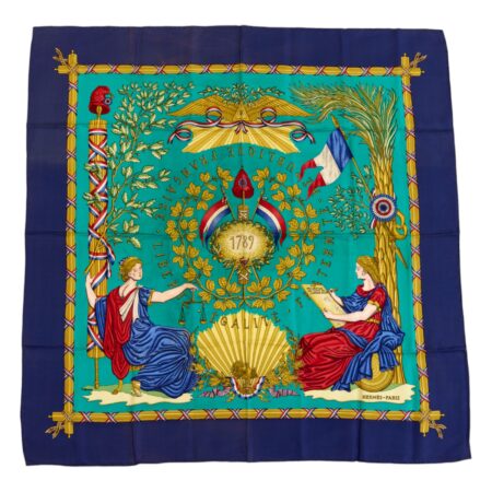 Hermes Silk Scarf Carre 90 "LIBERTE EGALITE FRATERNITE REPUBLIQUE FRANCAISE" Blue Silk Scarf
