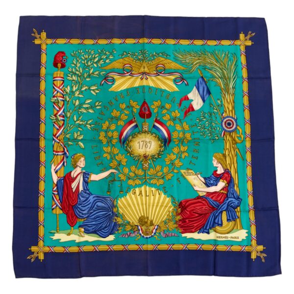 Hermes Silk Scarf Carre 90 "LIBERTE EGALITE FRATERNITE REPUBLIQUE FRANCAISE" Blue Silk Scarf