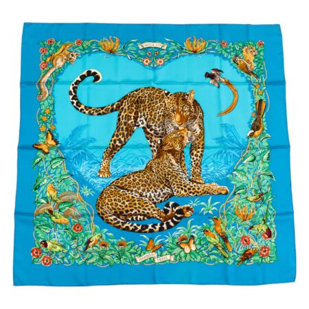 Rare! Hermes Silk Scarf Carre 90 "JUNGLE LOVE" Blue Silk Scarf