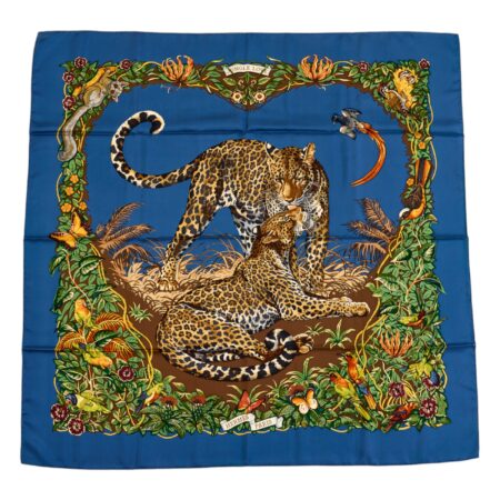 Hermes Silk Scarf Carre 90 "JUNGLE LOVE" Blue Silk Pleats Scarf