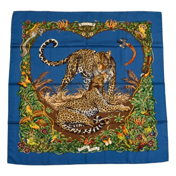 Hermes Silk Scarf Carre 90 "JUNGLE LOVE" Blue Silk Pleats Scarf