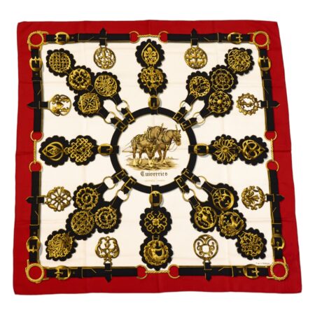 Hermes Silk Scarf Carre 90 "Cuivreries" Red Silk Pleats Scarf