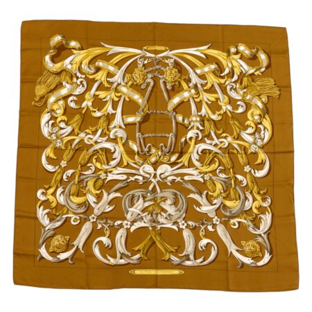 Hermes Silk Scarf Carre 90 "LE MORS A LA CONETABLE" Brown Silk Pleats Scarf