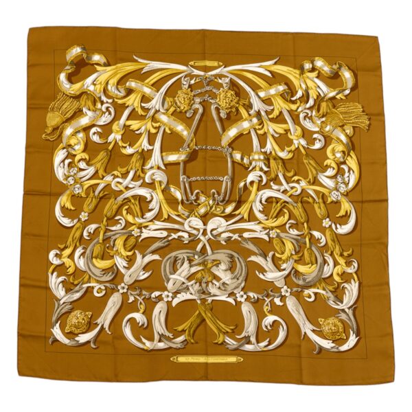Hermes Silk Scarf Carre 90 "LE MORS A LA CONETABLE" Brown Silk Pleats Scarf