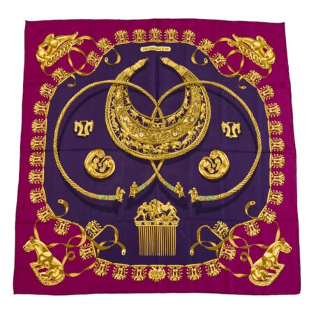 Hermes Silk Scarf Carre 90 "LES CAVALIERS DÕOR" Purple Silk Scarf