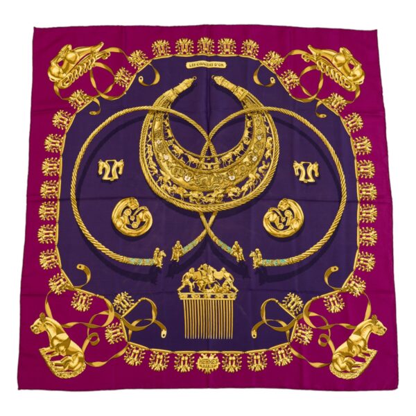 Hermes Silk Scarf Carre 90 "LES CAVALIERS DÕOR" Purple Silk Scarf