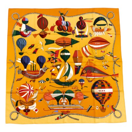 Hermes Silk Scarf Carre 90 "Les folies du Ciel" Yellow Silk Pleats Scarf