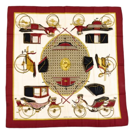 Hermes Silk Scarf Carre 90 "Les Voitures a Transformation" Red Silk Scarf