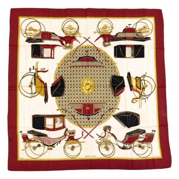 Hermes Silk Scarf Carre 90 "Les Voitures a Transformation" Red Silk Scarf