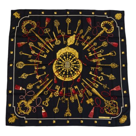Hermes Silk Scarf Carre 90 "LES CLES" Black Silk Scarf