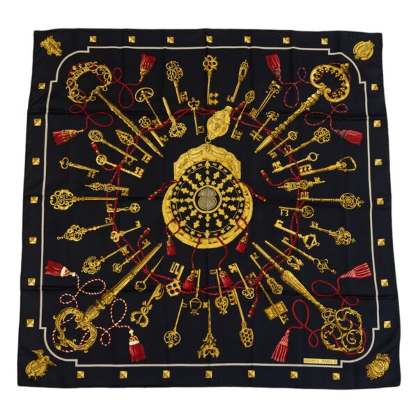 Hermes Silk Scarf Carre 90 "LES CLES" Black Silk Scarf