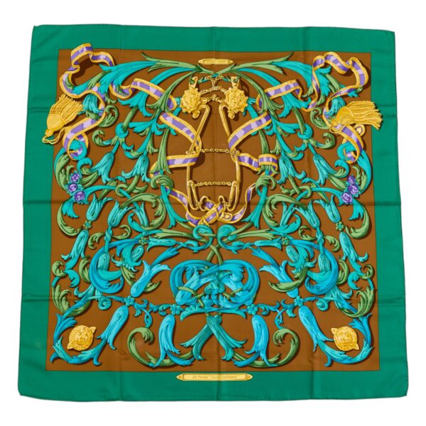 Hermes Silk Scarf Carre 90 "LE MORS A LA CONETABLE" Green Silk Pleats Scarf