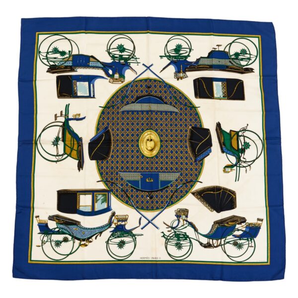 Hermes Silk Scarf Carre 90 "Les Voitures a Transformation" Blue Silk Scarf