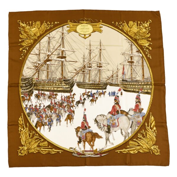 Hermes Silk Scarf Carre 90 "Marine et Cavalerie" Brown Silk Scarf