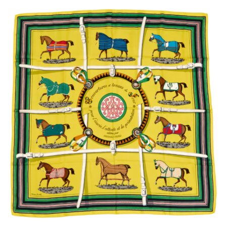 Hermes Silk Scarf Carre 90 "Couvertures et Tenues de Jour" Yellow Silk Scarf