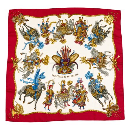 Hermes Silk Scarf Carre 90 "Les Fetes du Roi Soleil" Red Silk Scarf