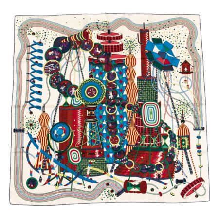 Hermes Silk Scarf Carre 90 "LE LABORATOIRE DU TEMPS" White Silk Scarf