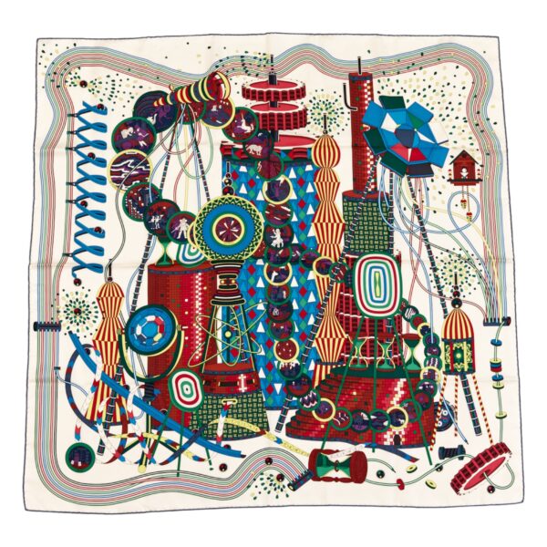 Hermes Silk Scarf Carre 90 "LE LABORATOIRE DU TEMPS" White Silk Scarf