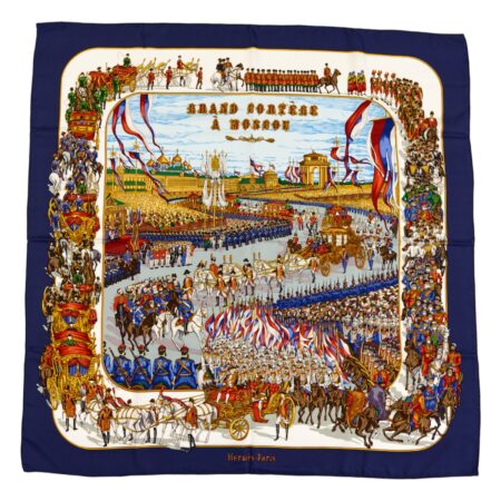 Hermes Silk Scarf Carre 90 "GRAND CORTEGE A MOSCOU" Blue Silk Scarf