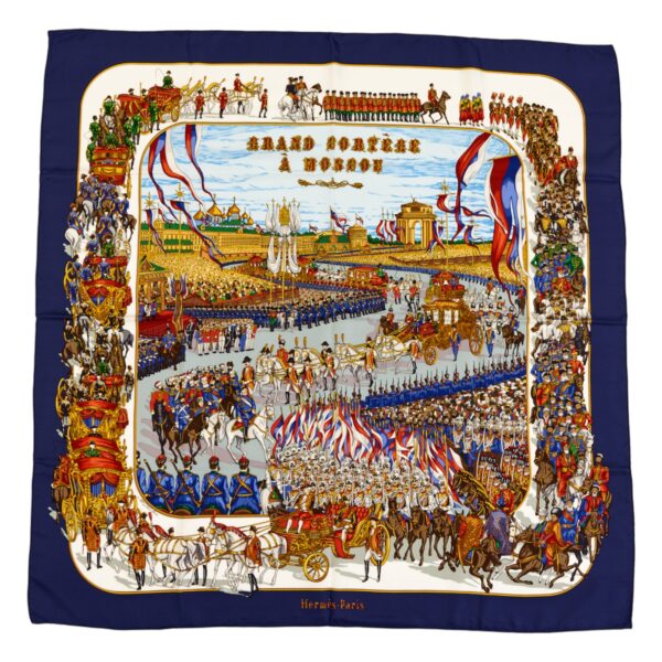 Hermes Silk Scarf Carre 90 "GRAND CORTEGE A MOSCOU" Blue Silk Scarf