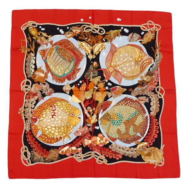 Hermes Silk Scarf Carre 90 "Grands Fonds" Red Silk Scarf
