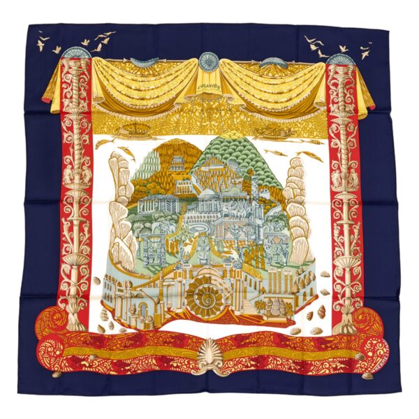 Mint! Hermes Silk Scarf Carre 90 "L'ATLANTIDE" Blue Silk Scarf