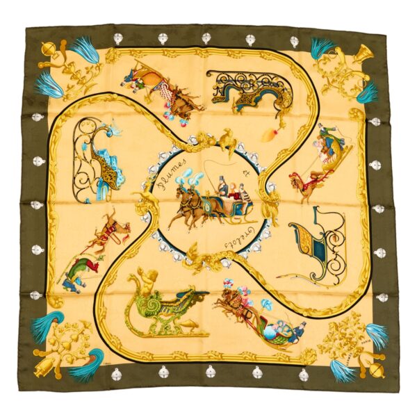 Hermes Silk Scarf Carre 90 "PLUMES ET GRELOTS" Green Silk Scarf