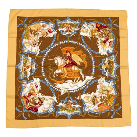Hermes Silk Scarf Carre 90 "CAVALIERS DES NUAGES" Yellow Silk Scarf