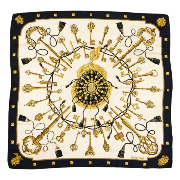 Hermes Silk Scarf Carre 90 "LES CLES" Black Silk Scarf