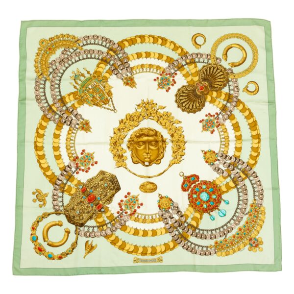 Hermes Silk Scarf Carre 90 "KOSMIMA" Green Silk Scarf