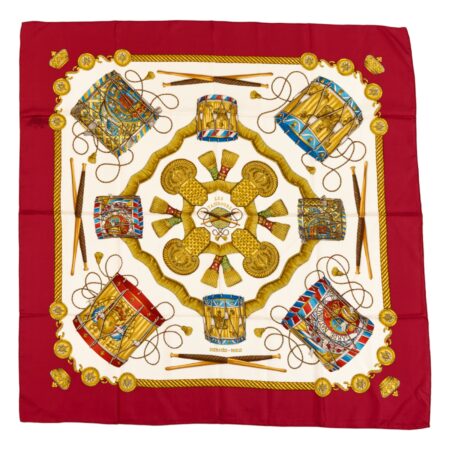 Hermes Silk Scarf Carre 90 "LES TAMBOURS" Red Silk Scarf