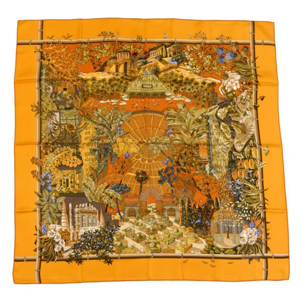 Hermes Silk Scarf Carre 90 "JARDINS D'HIVER" Orange Silk Scarf