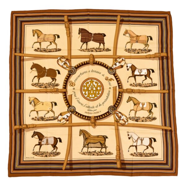 Hermes Silk Scarf Carre 90 "Couvertures et Tenues de Jour" Brown Silk Scarf