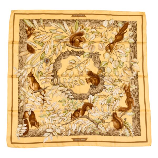 Hermes Silk Scarf Carre 90 "Casse Noisette Squirrel" Yellow Silk Scarf