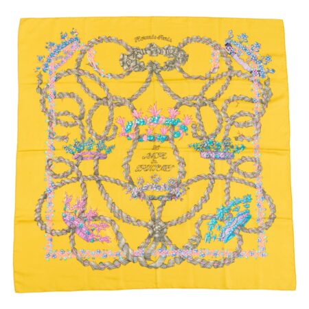 Hermes Silk Scarf Carre 90 "LE SACRE DU PRINTEMPS" Yellow Silk Scarf