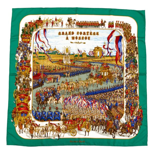 Hermes Silk Scarf Carre 90 "GRAND CORTEGE A MOSCOU" Green Silk Scarf