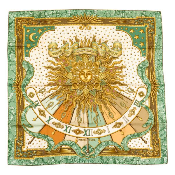 Hermes Silk Scarf Carre 90 "CARPE DIEM" Green Silk Scarf
