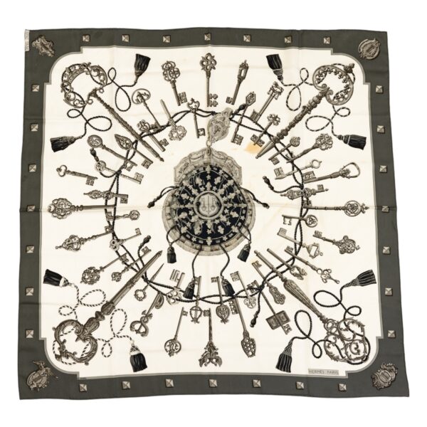 Bad! Hermes Silk Scarf Carre 90 "LES CLES" Grey Silk Scarf