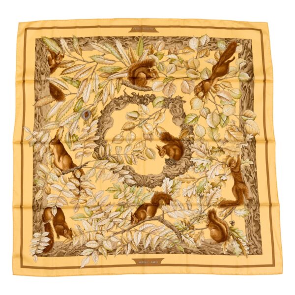 Hermes Silk Scarf Carre 90 "Casse Noisette Squirrel" Yellow Silk Scarf