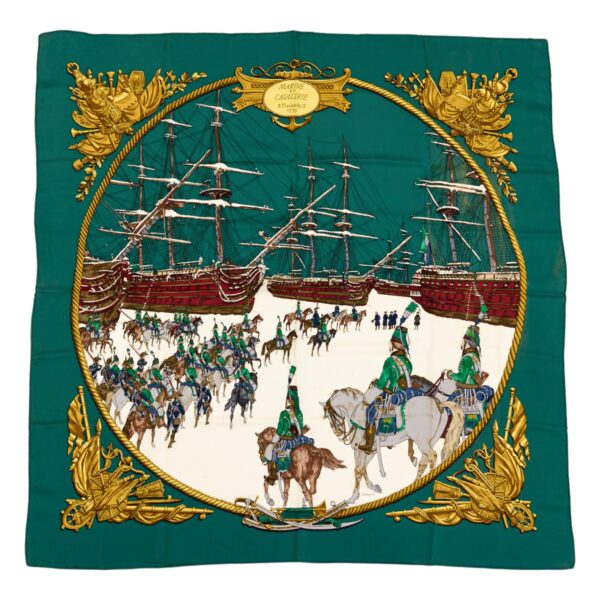 Hermes Silk Scarf Carre 90 "Marine et Cavalerie" Green Silk Scarf