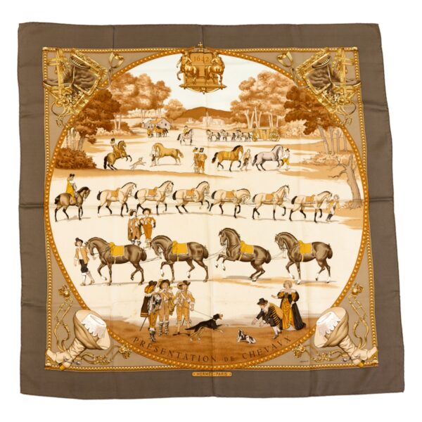Hermes Silk Scarf Carre 90 "PRESENTATION DE CHEVAVX" Brown Silk Scarf