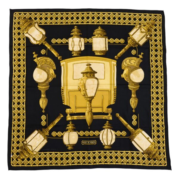 Hermes Silk Scarf Carre 90 "FEUX DE ROUTE" Black Silk Scarf (B-)