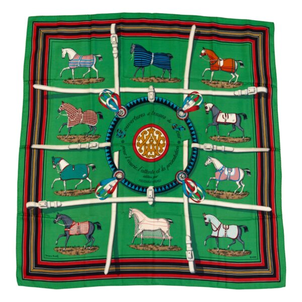 Hermes Silk Scarf Carre 90 "Couvertures et Tenues de Jour" Green Silk Scarf