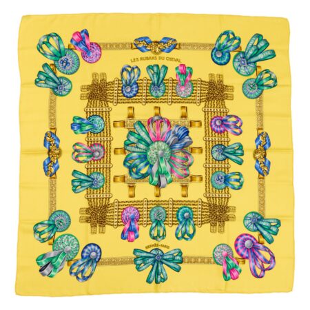 Hermes Silk Scarf Carre 90 "Les Rubans du Cheval" Yellow Silk Scarf