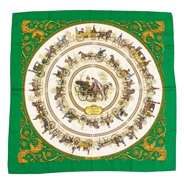 Hermes Silk Scarf Carre 90 "LA PROMENADE DE LONGCHAMPS" Green Silk Scarf