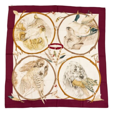 Hermes Silk Scarf Carre 90 "CHIENS AU RAPPORT" Purple Silk Scarf