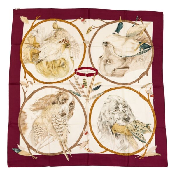 Hermes Silk Scarf Carre 90 "CHIENS AU RAPPORT" Purple Silk Scarf