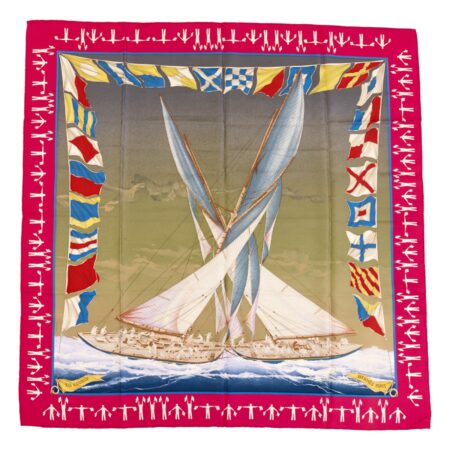 Hermes Silk Scarf Carre 90 "EN COURSE" Pink Silk Scarf