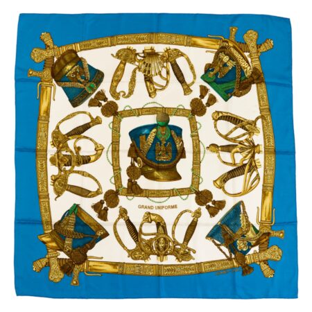 Hermes Silk Scarf Carre 90 "GRAND UNIFORME" Blue Silk Scarf